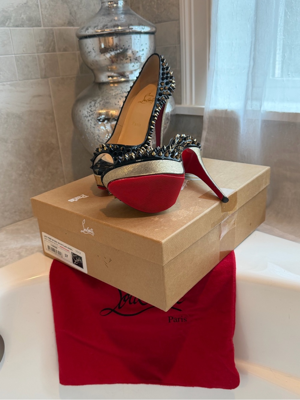 Christian Louboutin Black and Gold Studded Peep-Toe Platform Pumps